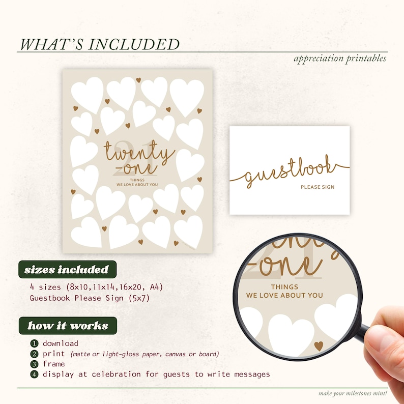 May include: Printable guest book sign with a heart design and the text "twenty-one things we love about you". The sign is beige with brown text and hearts. The sign is part of a set of printable guest book signs for a 21st birthday party.