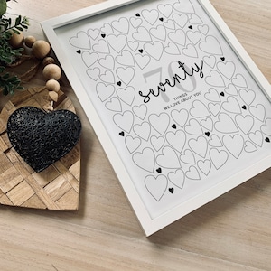 Panneau de signalisation imprimable avec signature de 70 choses que nous aimons chez vous, décorations de fête pour 70e anniversaire, affiche de livre d'or, voeux d'anniversaire