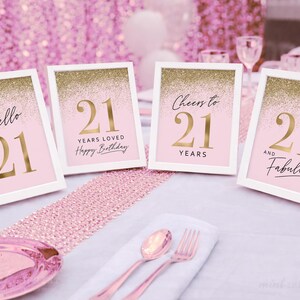 21e verjaardagsversieringen: roze en gouden glitterbundel set 4 afdrukbare tafelborden (digitale download)