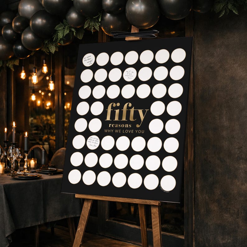 Men's 50th Birthday poster with wording "Fifty Reasons Why We Love You" gold and black theme, on easel display at entry to Men's 50th dinner party