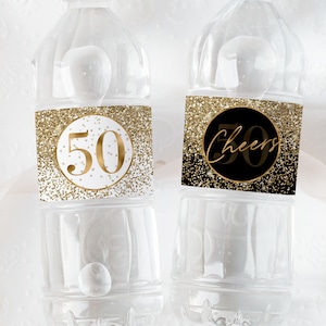 50th Birthday Water Bottle Label Gold Black White Glitter Party Decoration, Cheers to 50 Years Drink Wrap Napkin Envelope Printable Download