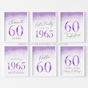 Purple Decorations for 60th Birthday, Vintage 1965, Sixty and Fabulous Printable Birthday Signs for Women 6 Set
