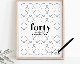 Forty Reasons Why We Love You Printable, Modern Minimalist Circles Party Decoration Men's 40th Birthday Sign In Signature Frame 40 Things