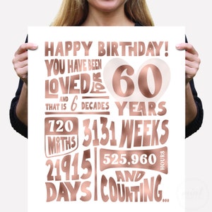 You Are Been Loved Al 60 jaar Maanden Weken Dagen Verjaardagsstatistieken, afdrukbaar roségoud 60e gelukkige verjaardag-bord, lastminute cadeau of kaart