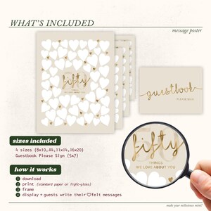 May include: A beige message poster featuring white hearts and gold text that reads Fifty Things We Love About You, accompanied by a guestbook sign. The set includes four sizes: 8x10, A4, 11x14, and 16x20 inches, plus a 5x7 inch guestbook sign.