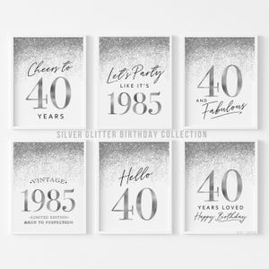Silver Confetti 40th Birthday Decorations: Printable Sign Bundle (Digital Download)