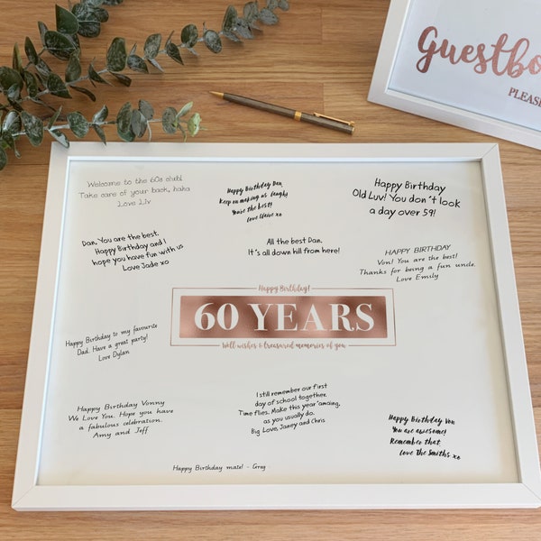 60 Years Signature Board Printable Poster Happy 60th Birthday Rose Gold Well Wishes and Treasured Memories of You, Sixty Years Memories Sign