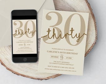 30th Birthday Invitation, Neutral Beige or Edit Colour, Party Invite Template (Canva)