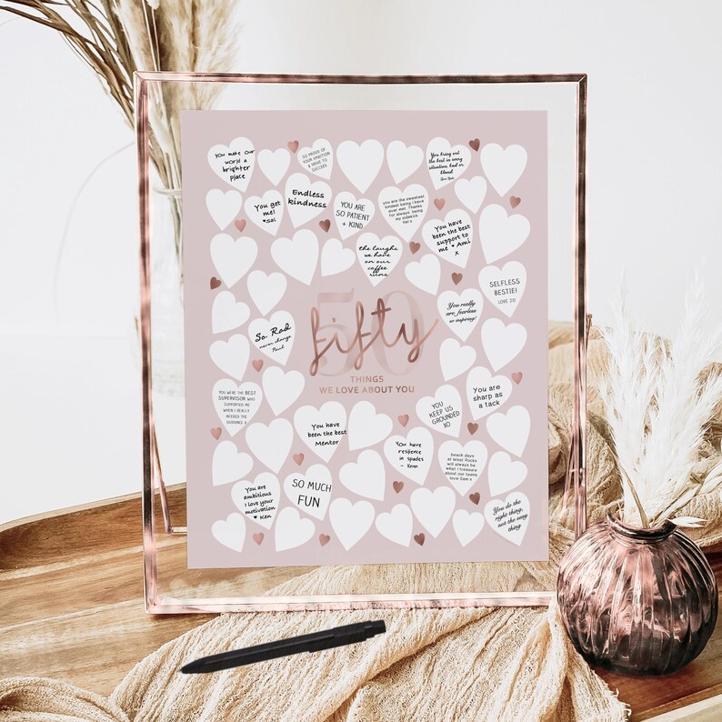 50. Geburtstags-Schild, Rosegold, Pink: 50 Dinge, die wir an dir lieben Gäste-Pinnwand (printable) Bild 6
