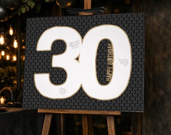 Black & Gold 30th Birthday Guest Book Sign, Number 30 Poster for Men (Digital)