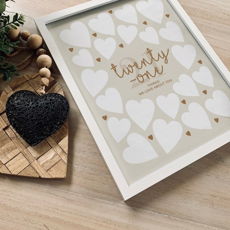 21st Birthday Party Sign displayed on table in white frame for a Womans 21st birthday Guestbook Message Poster