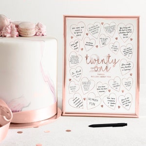 21 cosas que amamos de ti Decoraciones para fiesta de cumpleaños número 21 imprimibles Letrero de oro rosa Libro de visitas Corazones Veintiún razones por las que te amamos