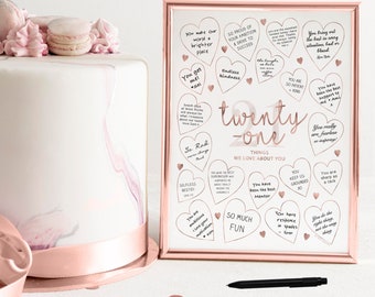 Plantilla imprimible en oro rosa con 21 cosas que amamos de ti para decorar el 21.º cumpleaños de una niña.