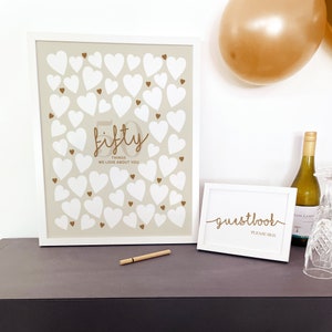 50th Birthday Sign using a White Frame, with a Guestbook Please Sign display frame, made as a digital printable download for 50th Birthday Decoration, a heartfelt keepsake for a 50 Year Old Woman