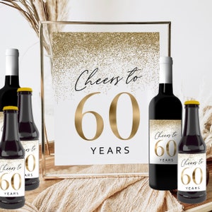 Letrero imprimible de cumpleaños &quot;Saludos por 60 años&quot;, etiqueta para botella de vino, cerveza, champán, 4 tamaños, dorado, decoración para fiesta de 60 años, confeti y purpurina para mujer.