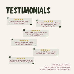 May include: A graphic display titled TESTIMONIALS featuring six customer reviews with five-star ratings. Each review is enclosed in a light gray speech bubble with quotation marks. The bottom right corner includes the text OUR GOAL @ mint IMPRINT.