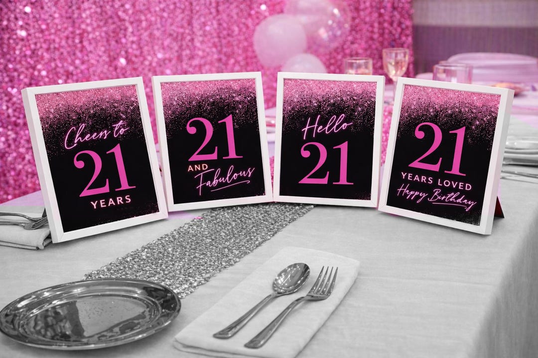 Hot Pink 21st Birthday Party Signs | Neon Decorations (printable 4 Set ...