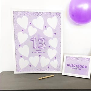 13歳の誕生日サインボード。13個のハートが付いた紫色のメッセージボード。誕生日のお祝いや感謝の気持ちを手書きで書き込めます。スイート13のパーティーデコレーションにも。