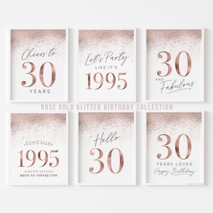 Decoraciones para fiesta de cumpleaños número 30 en oro rosa, letreros imprimibles de 30 cumpleaños para mujeres, Hello Thirty Cheers Vintage 1995 GlitterTemplate 6 set