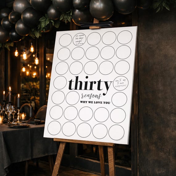 Thirty Reasons Why We Love You Printable, Modern Minimalist Circles Party Decoration Men's 30th Birthday Sign In Signature Frame 30 Things