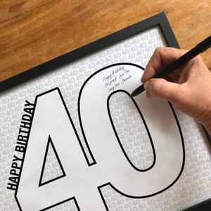 Può includere: Una stampa incorniciata con un grande "40" bianco e le parole "Happy Birthday" in nero. Lo sfondo presenta un motivo del numero "40". Una mano sta scrivendo sulla stampa con una penna nera.