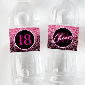 Wasserflasche Etiketten zum 18.Geburtstag, Neon Pink Party Dekoration, Prost bis 18 Jahre, Konfetti Glitzer