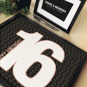 16th Birthday Party Guest Book Alternative, Share A Memory Sign In, Number Shape 16 Happy Birthday Rose Gold Printable Decorations