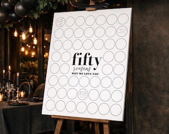 Fifty Reasons Why We Love You Printable, Modern Minimalist Circles Party Decoration Men's 50th Birthday Sign In Signature Frame 50 Things
