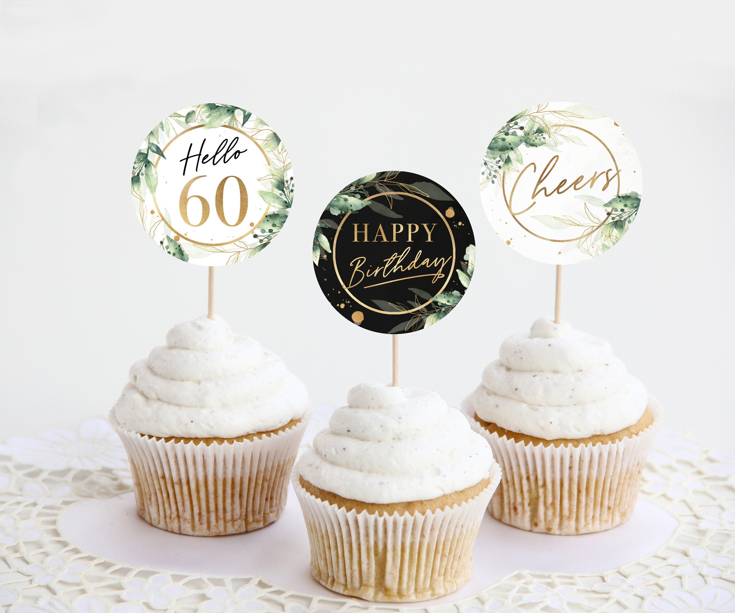 60. Geburtstag Deko-Set – Banner, Cake Topper & 8 Cupcake-Spicker