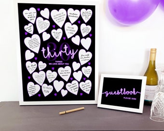 Purple and Black 30 Things We Love About You Printable Decorations Neon Glow Woman's 30th Birthday Party Thirty Reasons We Love Gift Poster