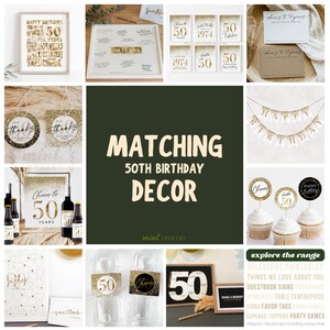 May include: A collection of 50th birthday party decorations featuring gold glitter accents, including a guestbook sign, milestone posters, cupcake toppers, favor tags, drink labels, and a Happy Birthday banner with white and gold lettering.