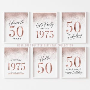 Rose Gold 50th Birthday Party Decorations, Printable 50 Birthday Signs for Women Fifty Cheers Happy Vintage Born 1975 Glitter Template 6 set