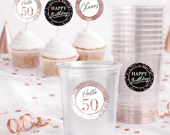 50th Birthday Tags for Cupcakes, Gift Bag Favors, Cup Labels | Rose Gold Glitter Cheers Hello 50 (Digital Download)