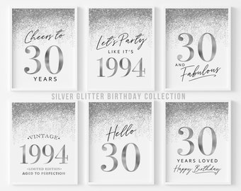 Decorations for 30th Birthday Party Printable Digital Download Birthday Bundle of 6 Set of Signs, Silver Confetti Bling Shiny Gray