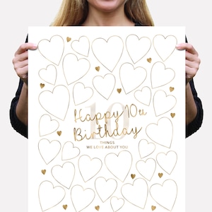 10. Geburtstag druckbares Schild, Dinge, die wir an Ihnen lieben, 30 Herzen schreiben in Gold Party Dekoration 10 Jahre alte Dekorationen Jungen Mädchen zwischen DIGITAL