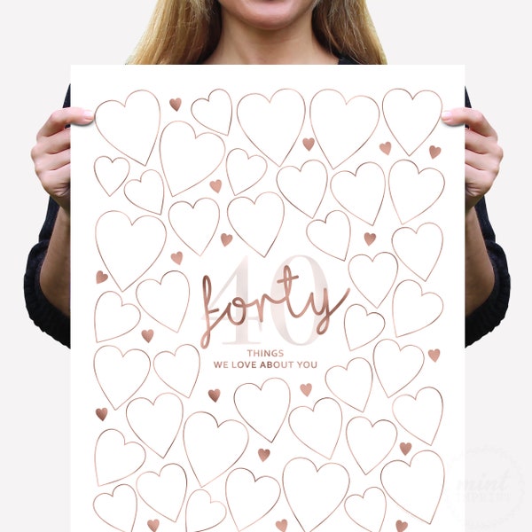 Rose Gold 40 Things We Love About You Printable Template Decorations for Women 40th Birthday Sign Signature Frame Forty Reasons Why Poster