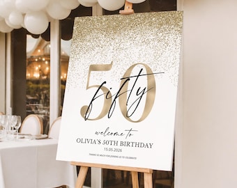 50th Birthday Welcome Sign, Gold Glitter Fifty Year Old Party Poster 50 (Editable)