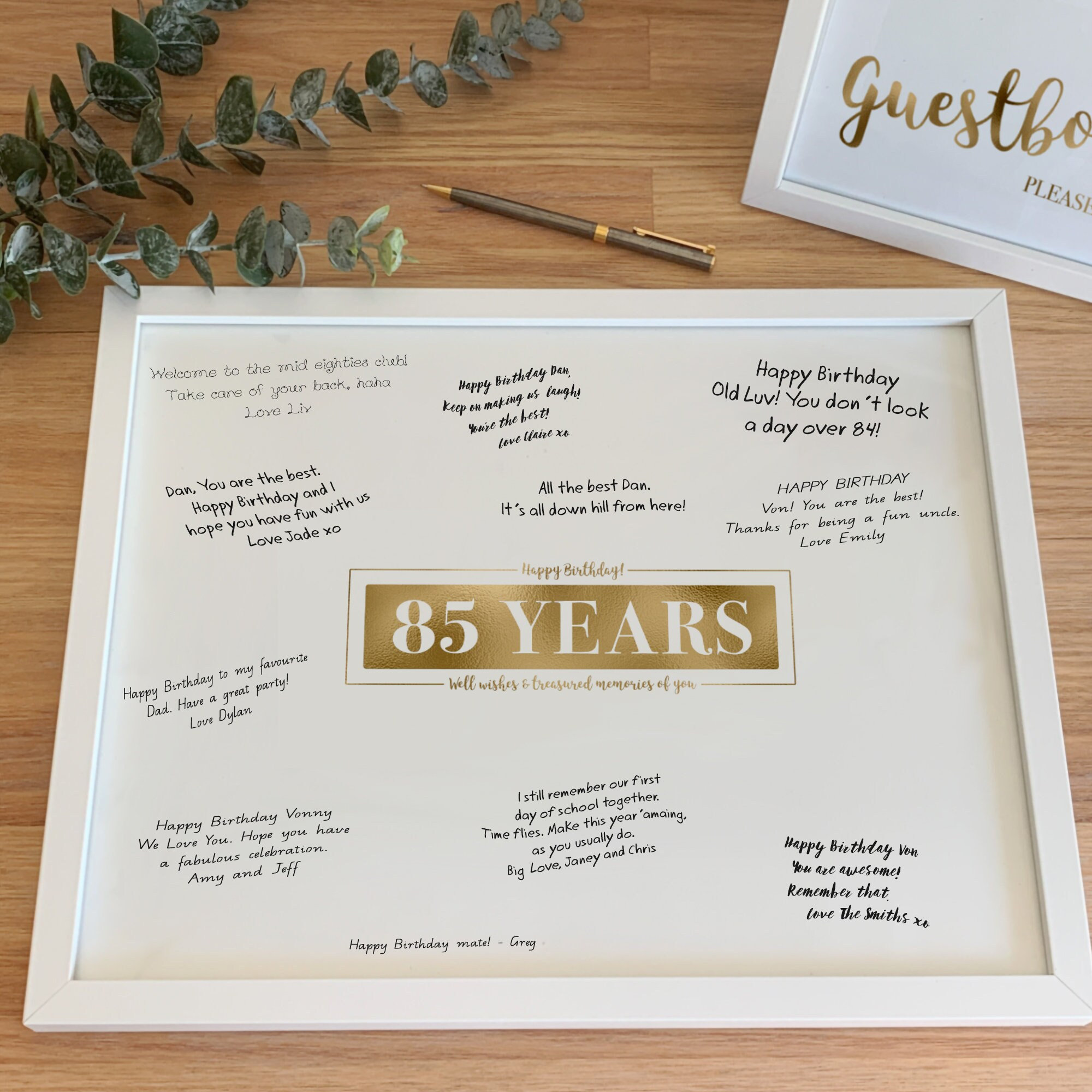 85 Years Signature Board, Gold Party Printable Sign Poster Happy 85th Birthday Well Wishes Treasured Memories Eighty-Five Years Memory Board