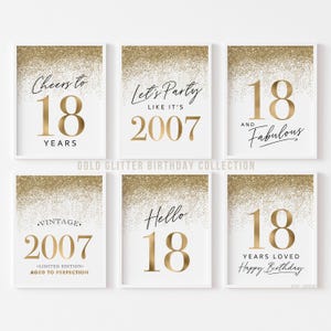 Décorations de fête d'anniversaire 18 ans, or, 18 signes d'anniversaire imprimables pour femmes, lot de 6 modèles GlitterTemplates vintage 2007, Hello Eighteen Cheers
