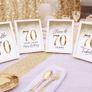 70th Birthday Gold Glitter Signs, Party Decor 70 Women (Digital 4 Set)