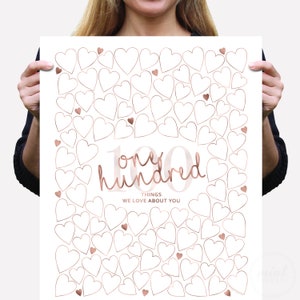 100 Dinge, die wir über Sie lieben, Druckbares Schild, 100.Geburtstag Party Dekoration Rosegold, Gast Logo Posterleiste mit Hundert Herzen