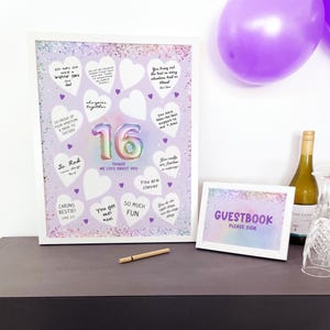 16 Dinge, die wir an Ihnen lieben Signatur Schreiben in Herzen Poster, Lila 16.Geburtstag Dekoration Mädchen Pastell Folienballon Regenbogen, Digital