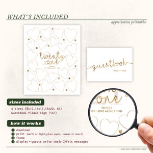 21 Things We Love About You Gold Party Decor, Printable Sign 21st Birthday Decoration Women, Write Hearts Guest Book Board Twenty-One image 3