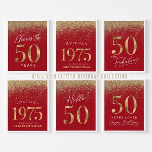 50th Birthday Decorations Red and Gold, Printable Party Signs 50 Years Women&#39;s Birthday, Hello Fifty Cheers Vintage 1975 Glitter 6 set
