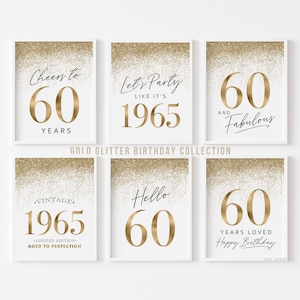 Gold Dekorationen für 60 Geburtstag Party, druckbare 60 Geburtstag Schilder für Frauen, Hello Sixty Cheers Vintage Born in 1965 Glitzer 6er Set