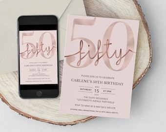 50. Geburtstagseinladung für Frauen, Rose Gold Pink Fifty Digitale Vorlage
