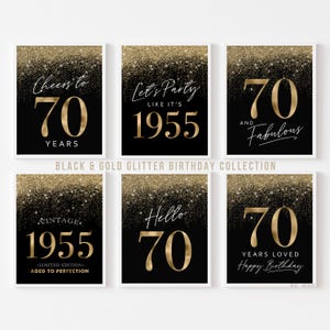 Zwart en goud 70e verjaardagsfeestje decoraties afdrukbare set borden 70 mannen, Hello Seventy 1955 glitter printables 6 set