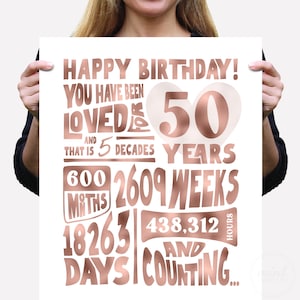 You Are Been Loved For 50 Year Maanden Weken Dagen Verjaardagsstatistieken, afdrukbaar roségoud 50e Happy Birthday-bord, lastminute cadeau of kaart