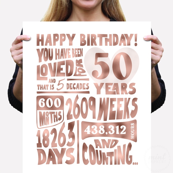 You Have Been Loved For 50 Years Months Weeks Days Birthday Stats, Printable Rose Gold 50th Happy Birthday Sign, Last Minute Gift or Card