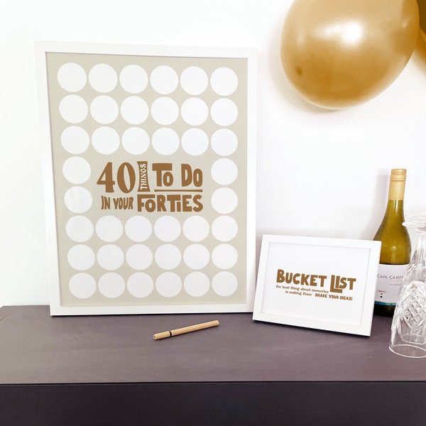 Bucket List 40th, 40 Things To Do In Your Forties Printable Beige Template Fill In Birthday Sign, Fun Guestbook Alternative 40 Things by 40